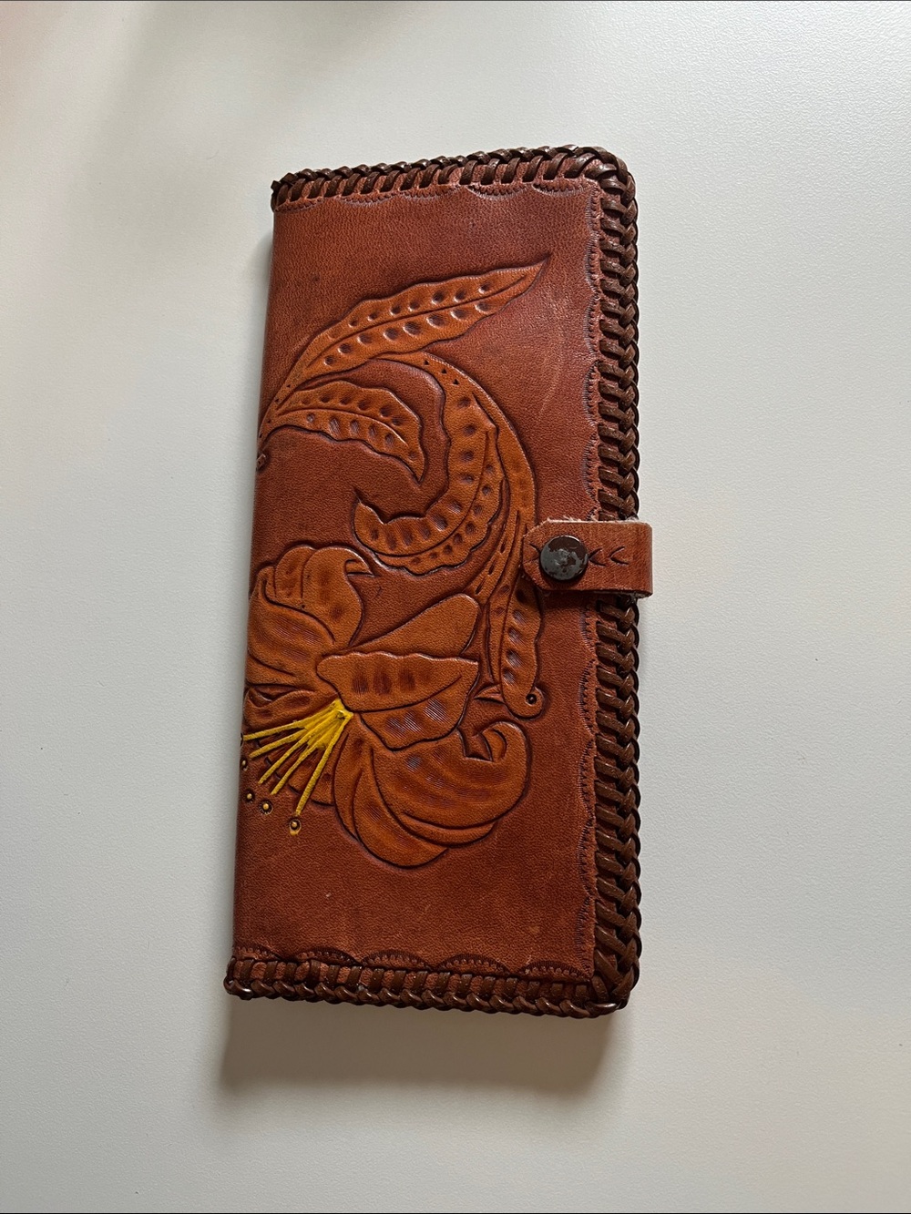 Hand-Tooled Brown Leather Wallet with Lily Floral Design